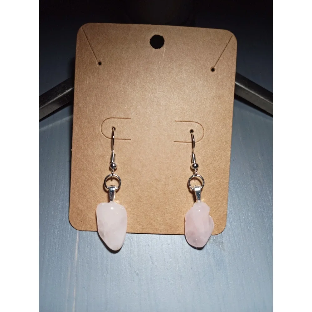 Rose Quartz Tumbled Stone Drop Earrings Pink Crystal Nickel Free Handcrafted - Picture 5 of 5